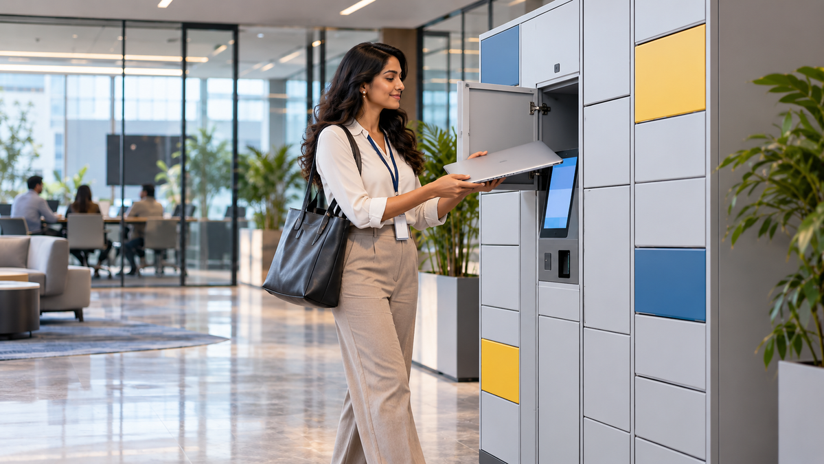 Employee collecting a laptop from a RIFE smart IT asset locker