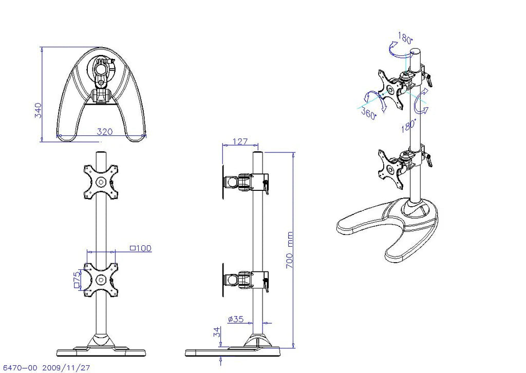 Dual Monitor Desk Stand Free-Standing LCD Mount, Holds in Vertical Position 2 Screens up to 27-inch, 5 Years Warranty, Silver (2MSFVS)