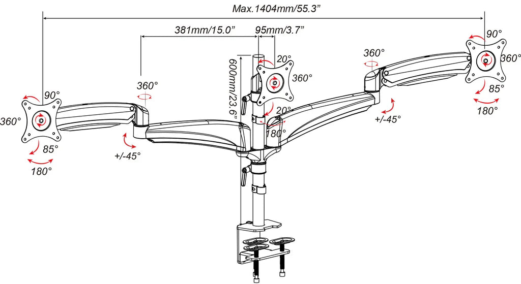 Gas Spring Triple Monitor Desk Mount Arm/Stand, Fully Adjustable Arms, Fits up to 27" Screens, 5 Years Warranty, Black (3MSG)
