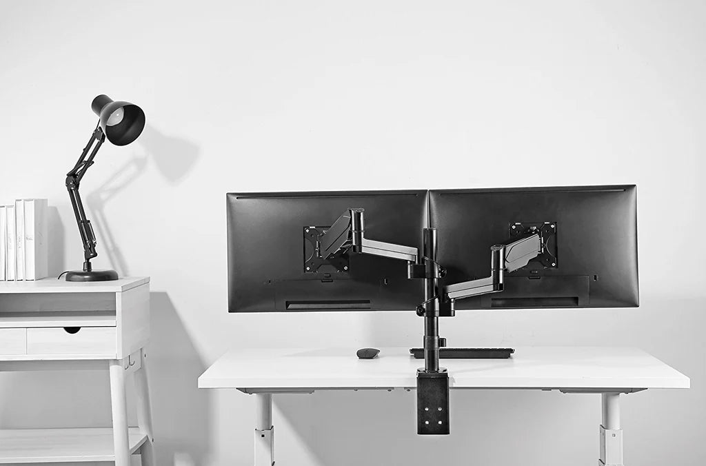 Dual Height Adjustable Monitor Stand, Desk Mount for Two LCD Computer Flat Screens, VESA 75 and 100 Fits 22, 23, 24, 27 Inch, Gas Spring, Full Motion, 5 Years Warranty, 2MS-GB