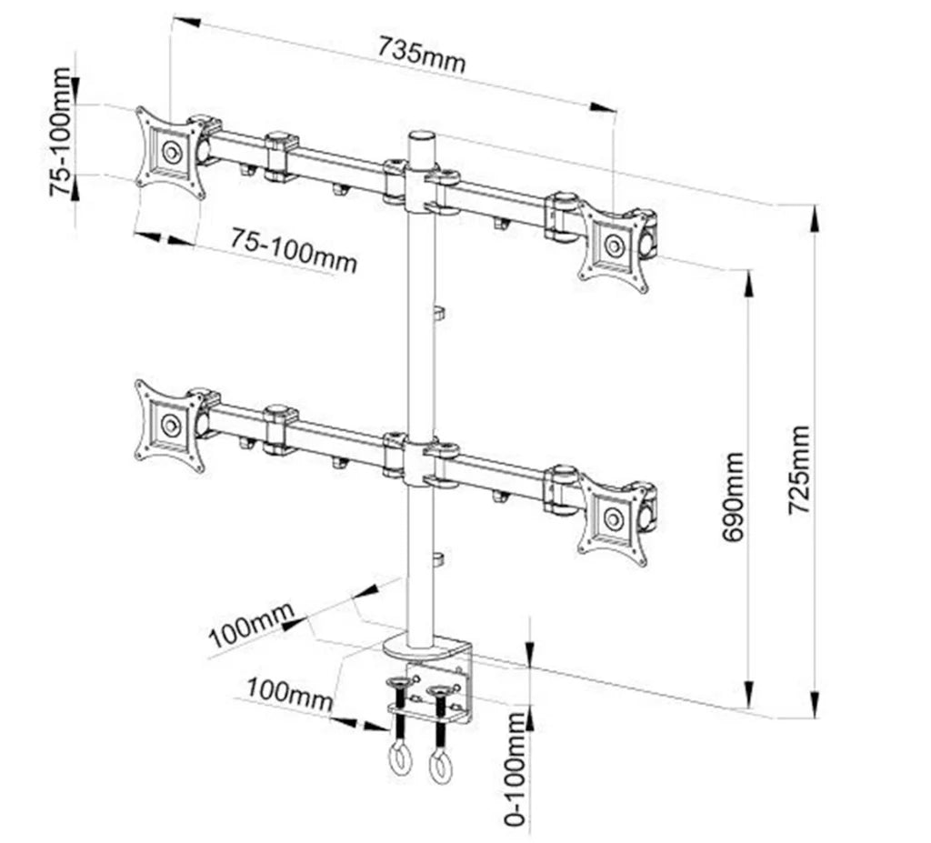 Four CLAMP Monitor Arm 4MS-CTB, 5 Years Warranty