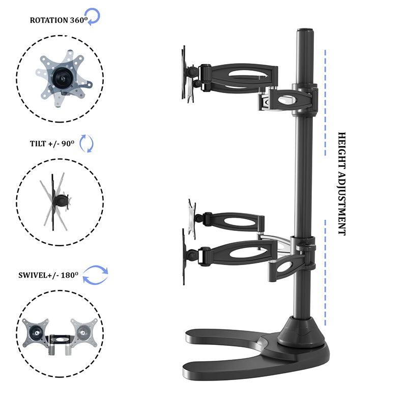 Quad Monitor Stand Freestanding, Adjustable/Tilt/Swivel/Rotate, Supports Monitors up to 27”, Adjustable VESA 75x75mm, 100x100mm Four Monitor Stand for 4 Screen Setup, Black (4MSFP)