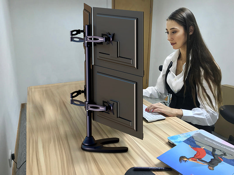 Quad Monitor Stand Freestanding, Adjustable/Tilt/Swivel/Rotate, Supports Monitors up to 27”, Adjustable VESA 75x75mm, 100x100mm Four Monitor Stand for 4 Screen Setup, Black (4MSFP)