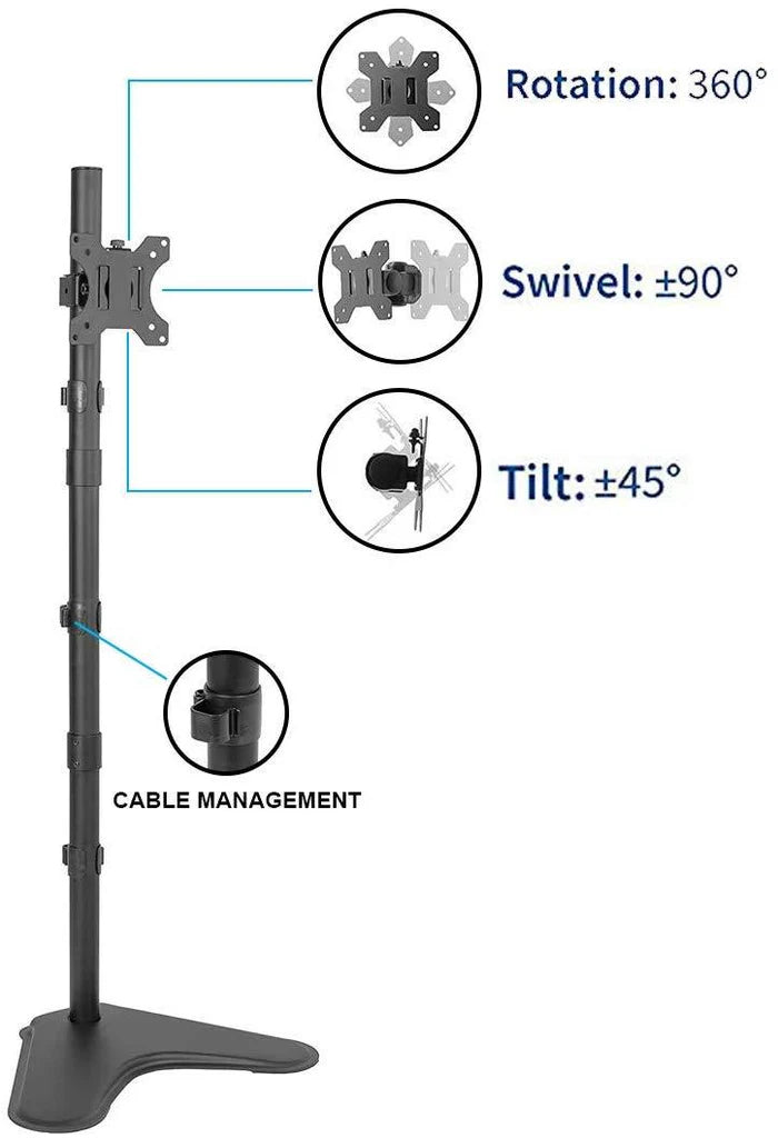 Free-Standing Extra Tall Single LCD Computer Monitor Adjustable Desk Stand for 1 Screen up to 27 inch, Supports Weight up to 10 kgs, 5 Years Warranty, Black (EF001L)