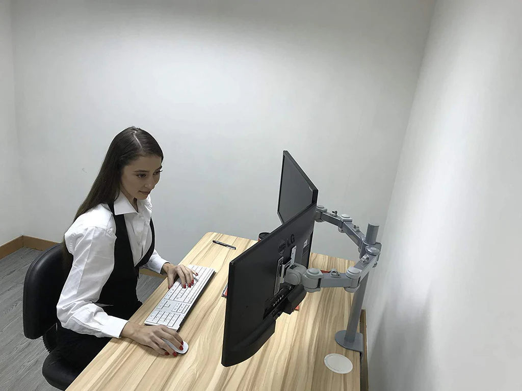 Dual LCD LED Monitor Desk Mount Stand -Fully Adjustable Arm fits 2 Screens up to 27", 5 Years Warranty, Silver (RC2ES)