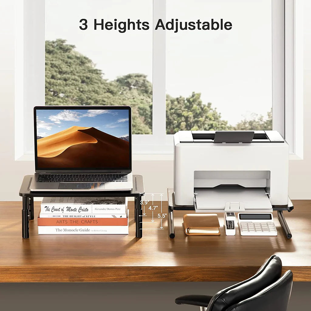 Monitor Stand Riser, 3 Height Adjustable Monitor Stand with Non-Skid Rubber for Laptop, Computer, PC, Printer, Desktop Metal Monitor Riser Stand with Mesh Platform for Airflow, 5 Years Warranty - Black (RM08)