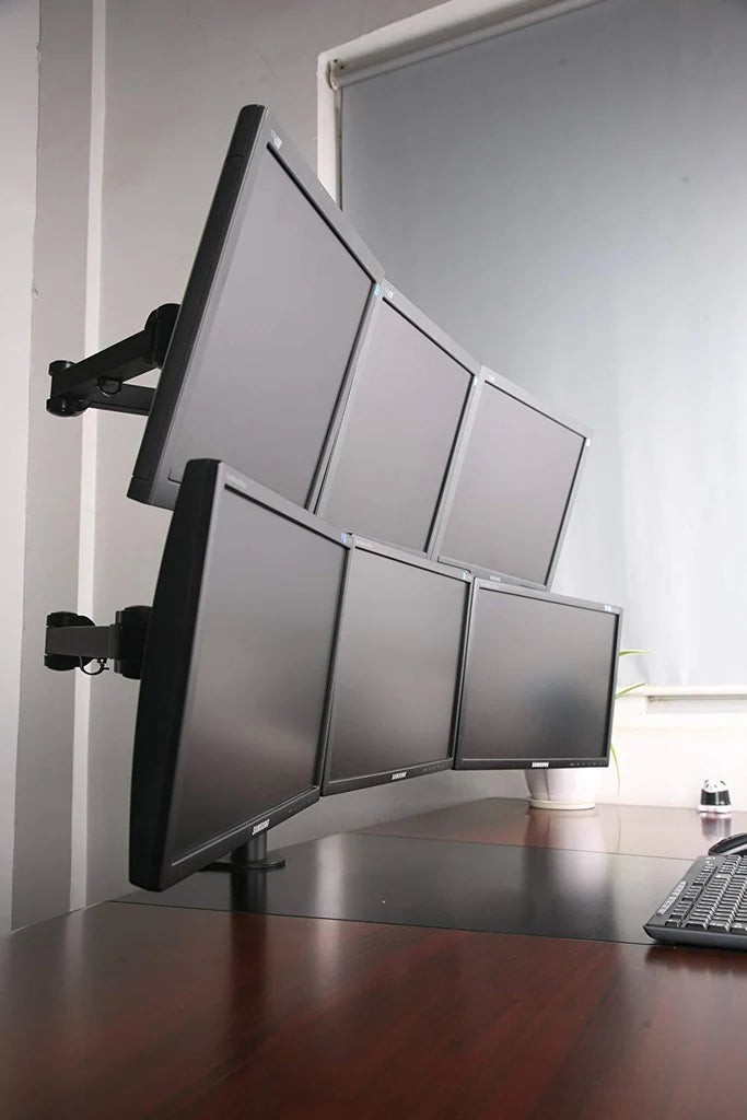 Hex LCD Monitor Desk Mount Stand Heavy Duty & Fully Adjustable 6 Screens Upto 27" Articulating Arms,C-Clamp, 5 Years Warranty, 6MS-CTW