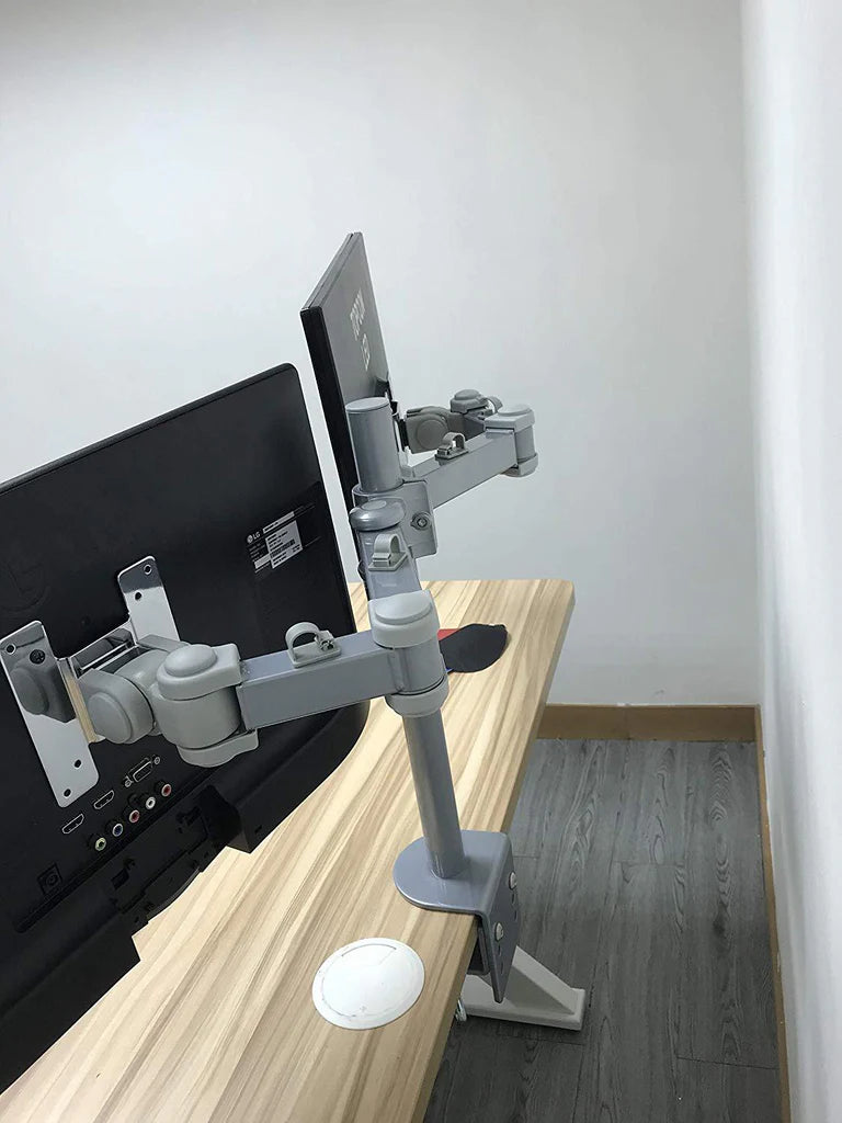 Dual LCD LED Monitor Desk Mount Stand -Fully Adjustable Arm fits 2 Screens up to 27", 5 Years Warranty, Silver (RC2ES)