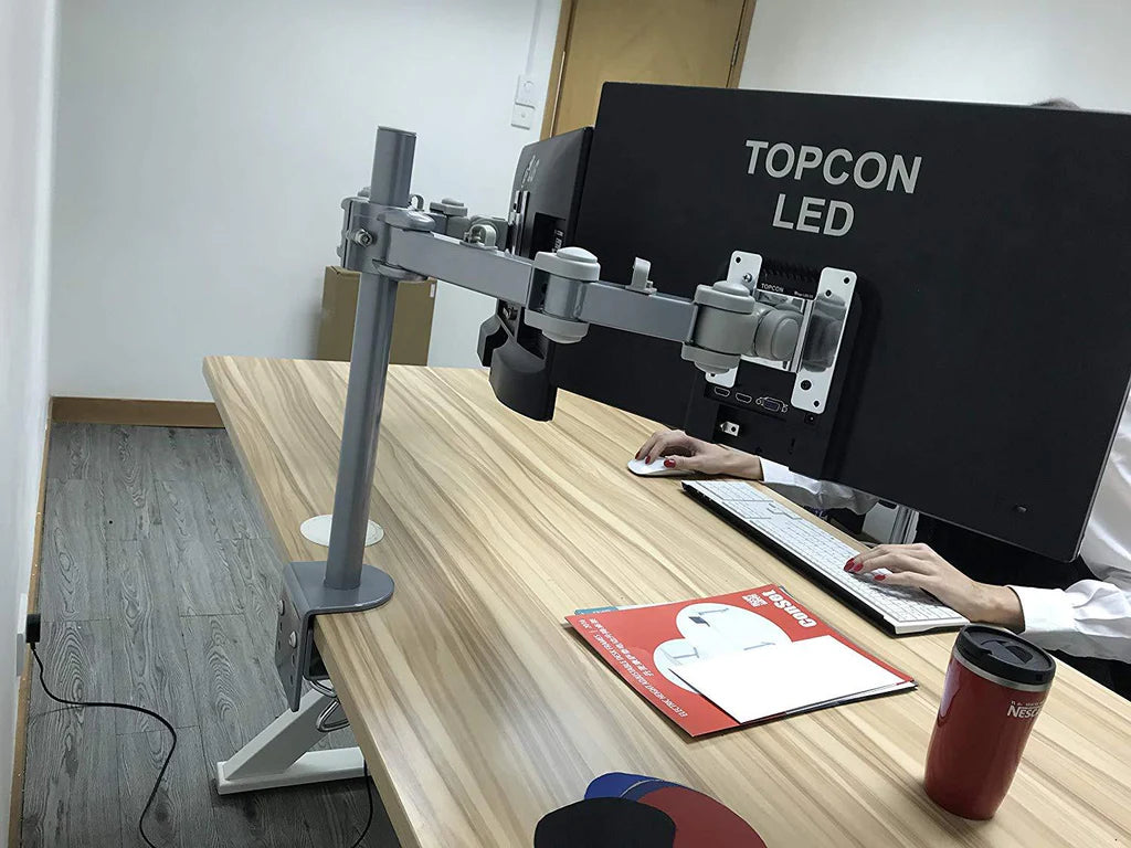 Dual LCD LED Monitor Desk Mount Stand -Fully Adjustable Arm fits 2 Screens up to 27", 5 Years Warranty, Silver (RC2ES)