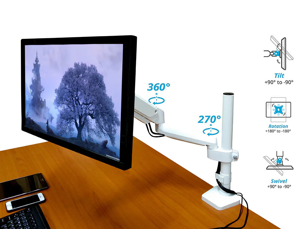 Single Monitor Desk Mount, Fits 19 to 32 Inch VESA Compatible Computer Screen Adjustable Gas Spring Monitor Arm with C Clamp Base, White, Model No (LMSPMSW)