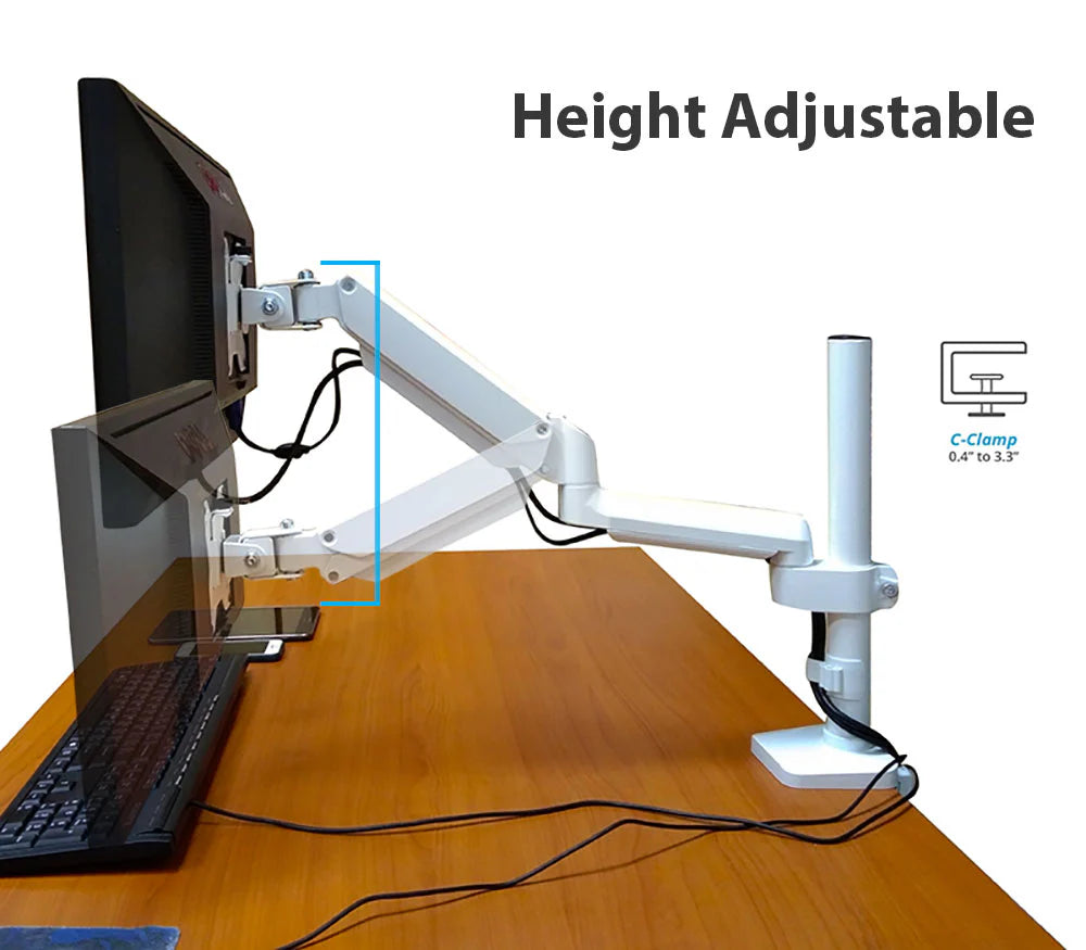 Single Monitor Desk Mount, Fits 19 to 32 Inch VESA Compatible Computer Screen Adjustable Gas Spring Monitor Arm with C Clamp Base, White, Model No (LMSPMSW)