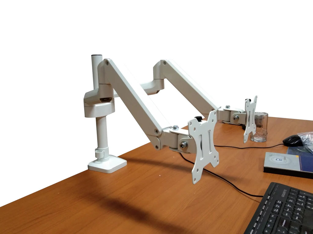 Full Motion Aluminum Dual Monitor Stand, Articulating Gas Spring Vesa Mount Stand with Heavy Duty C-Clamp Base, Hold Up to 27" Screens, Up to 17.6 lbs Per Arm, White, Model No (2MSG-W)