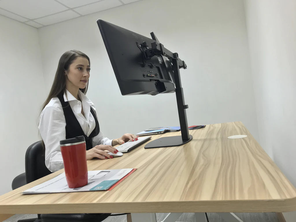 Freestanding Pneumatic Vertical Lift Dual Monitor Stand - Adjustable Monitor Mount, Fits 2 Screens up to 27 Inch, Holds up to 6 kgs per Arm, 5 Years Warranty, (EFBGD)