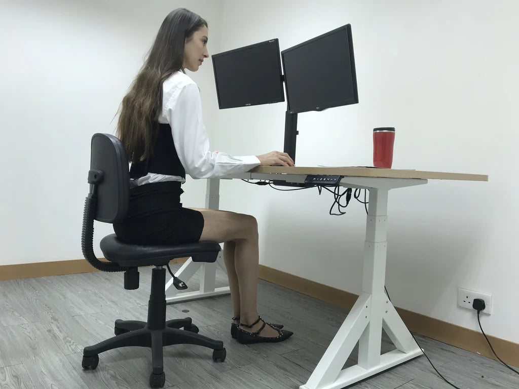 Freestanding Pneumatic Vertical Lift Dual Monitor Stand - Adjustable Monitor Mount, Fits 2 Screens up to 27 Inch, Holds up to 6 kgs per Arm, 5 Years Warranty, (EFBGD)
