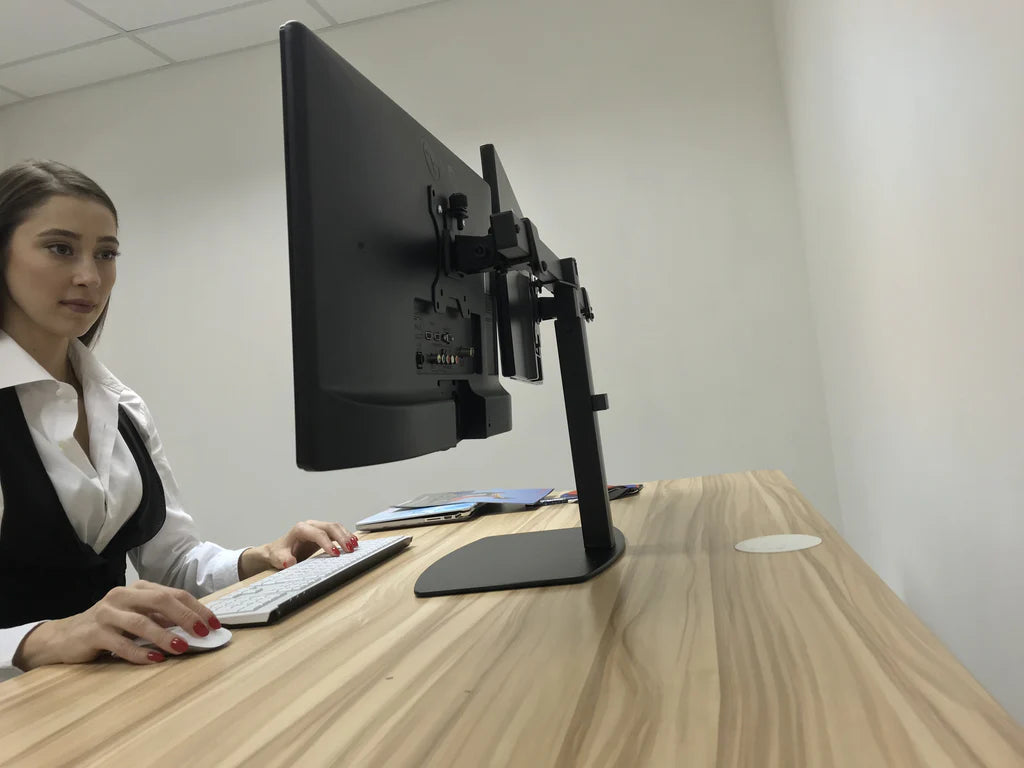 Freestanding Pneumatic Vertical Lift Dual Monitor Stand - Adjustable Monitor Mount, Fits 2 Screens up to 27 Inch, Holds up to 6 kgs per Arm, 5 Years Warranty, (EFBGD)
