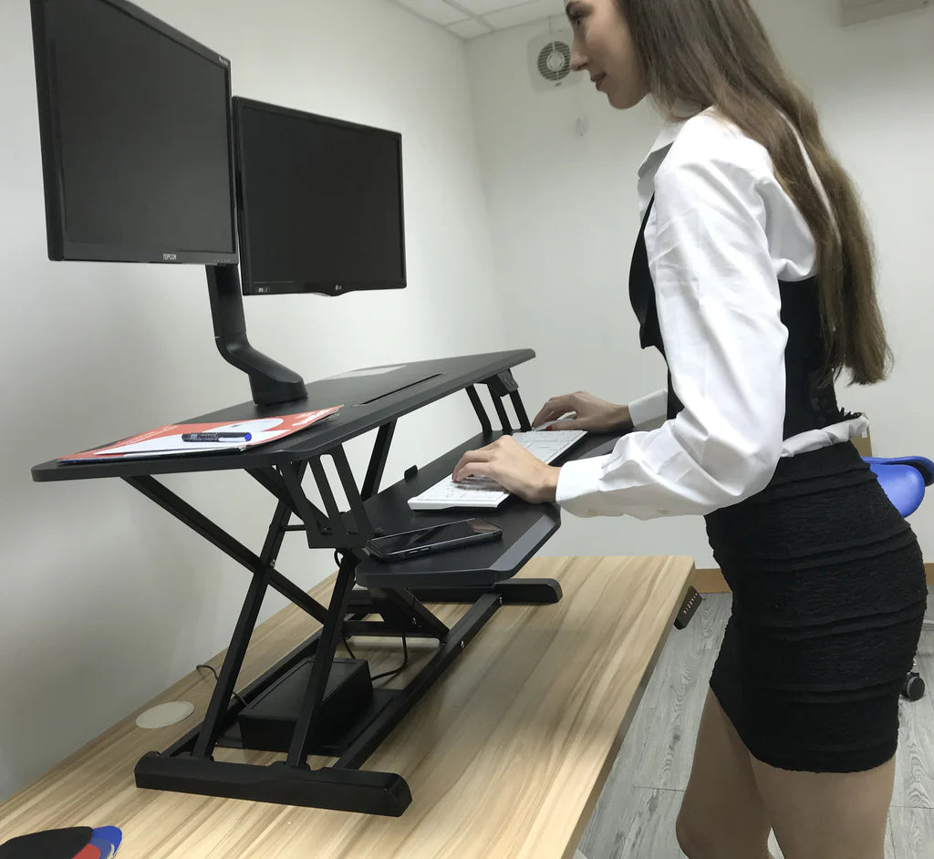 Rife Electric Height Adjustable X-Lift Sit-Stand Desk Converter with Dual Monitor Mount, Fits Two 17 to 27 Inch Computer Monitors, Black Model No (RTE-2MC)