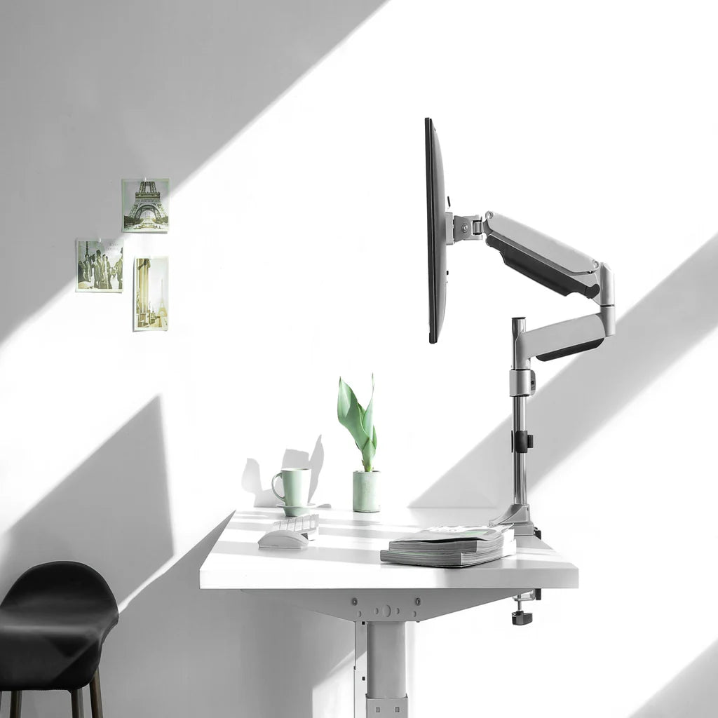 Monitor Arm Single LCD Monitor Desk Mount Stand with Gas Spring Fully Adjustable Fits 20 21 23 24 27 30 32 Screens Height Adjustable Tilt Swivel Rotate, Clamp and Grommet Base, 5 Years Warranty (MODEL LMS-GP)