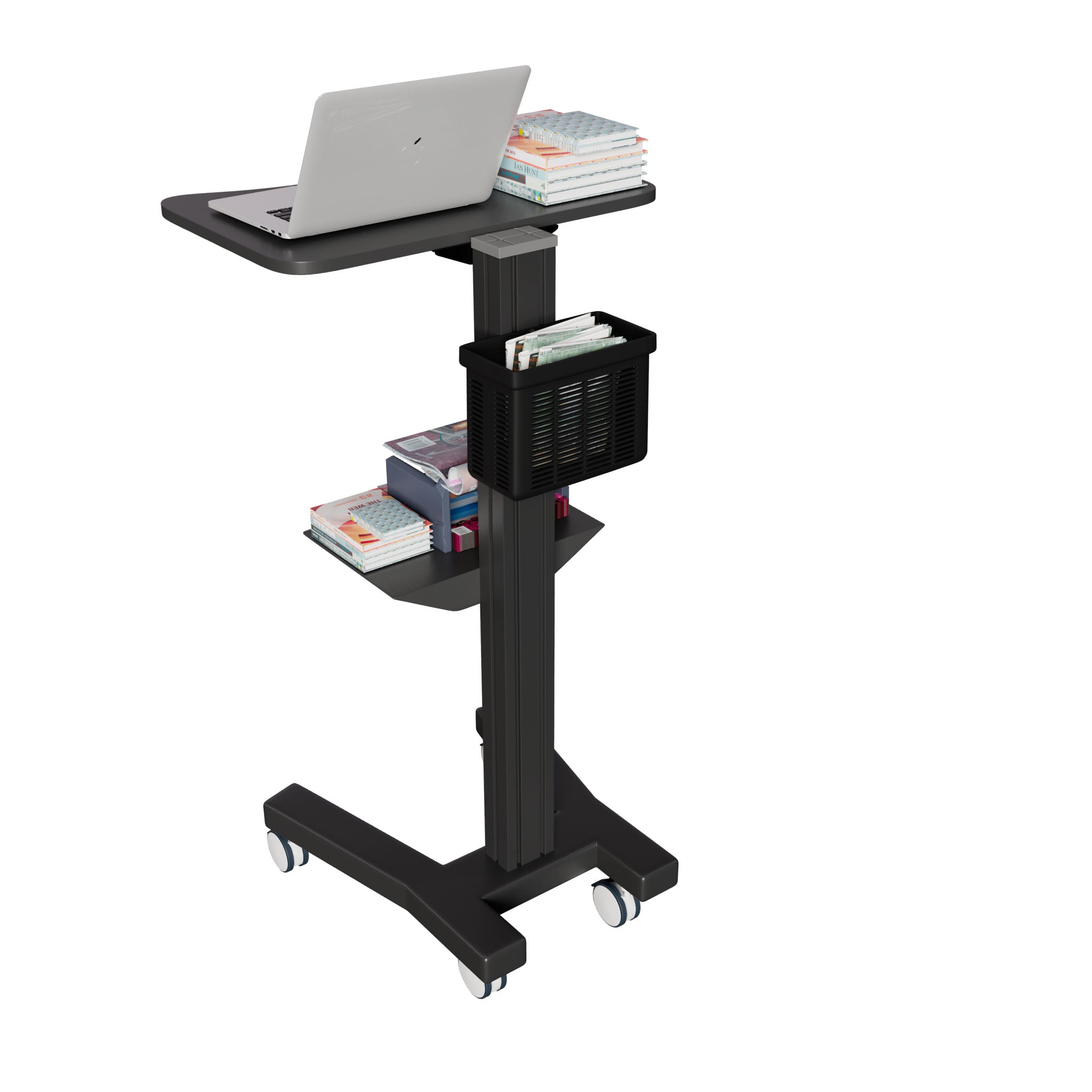 Sit Stand Mobile Laptop Cart with Height Adjustments, Optional CPU Holder, Printer Shelf & Basket, Black (LPC04B)