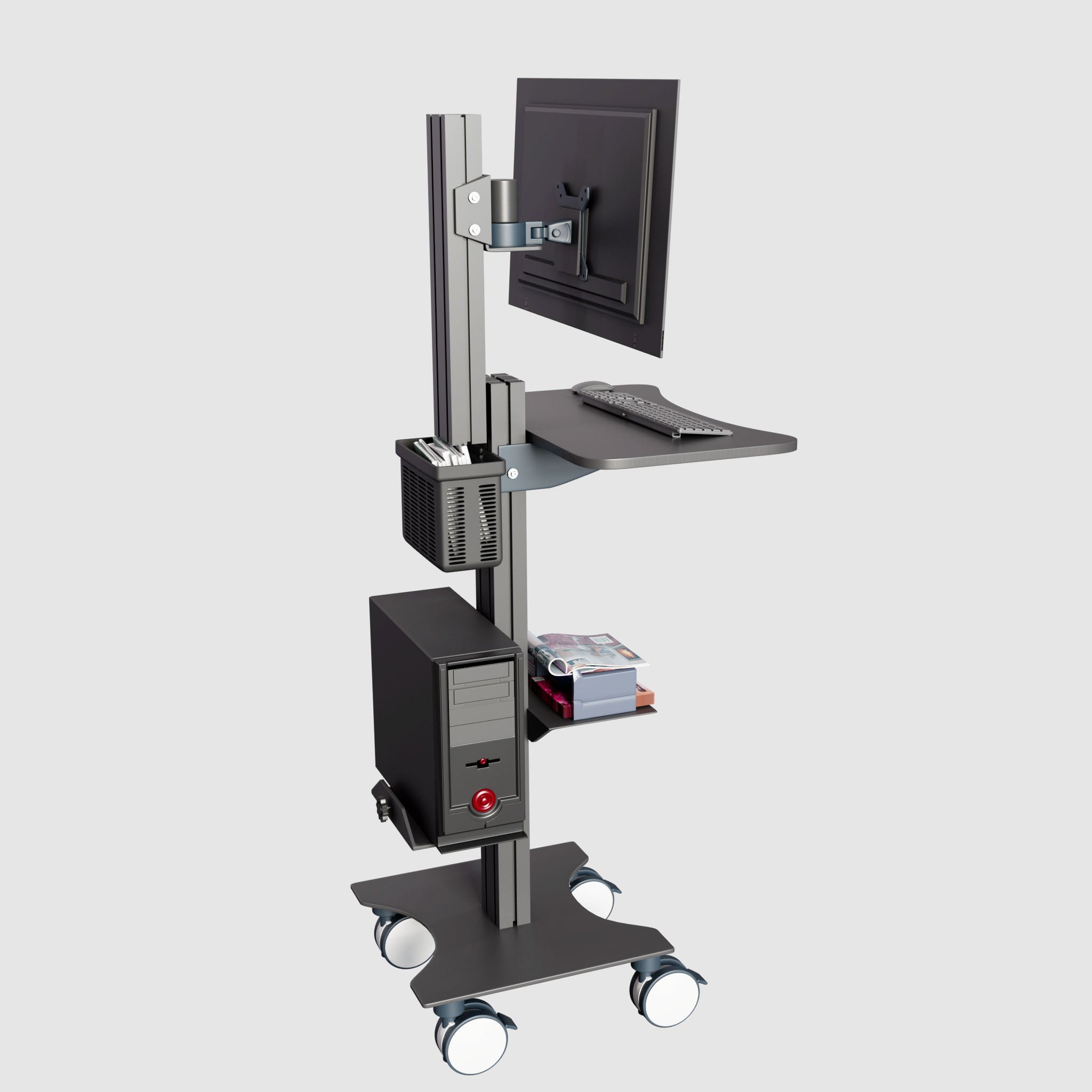 Sit Stand Mobile Workstation with Height Adjustments and Keyboard Tray, Optional CPU Holder, Printer Shelf, Basket, Black (MCT10B)