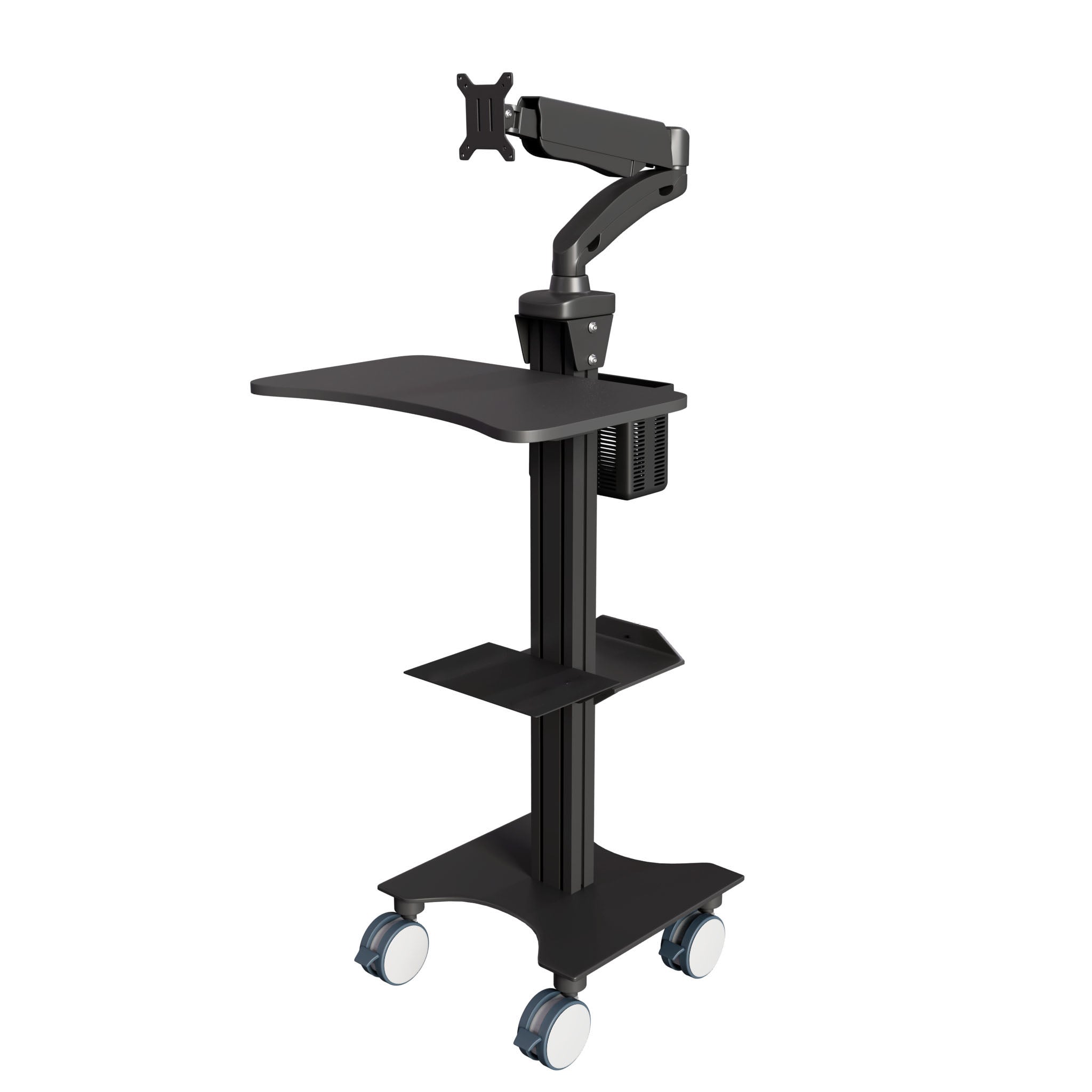 Sit Stand Mobile Workstation with Gas Spring Arm and Keyboard Tray, Optional CPU Holder, Printer Shelf & Basket, Black (MCTGB)