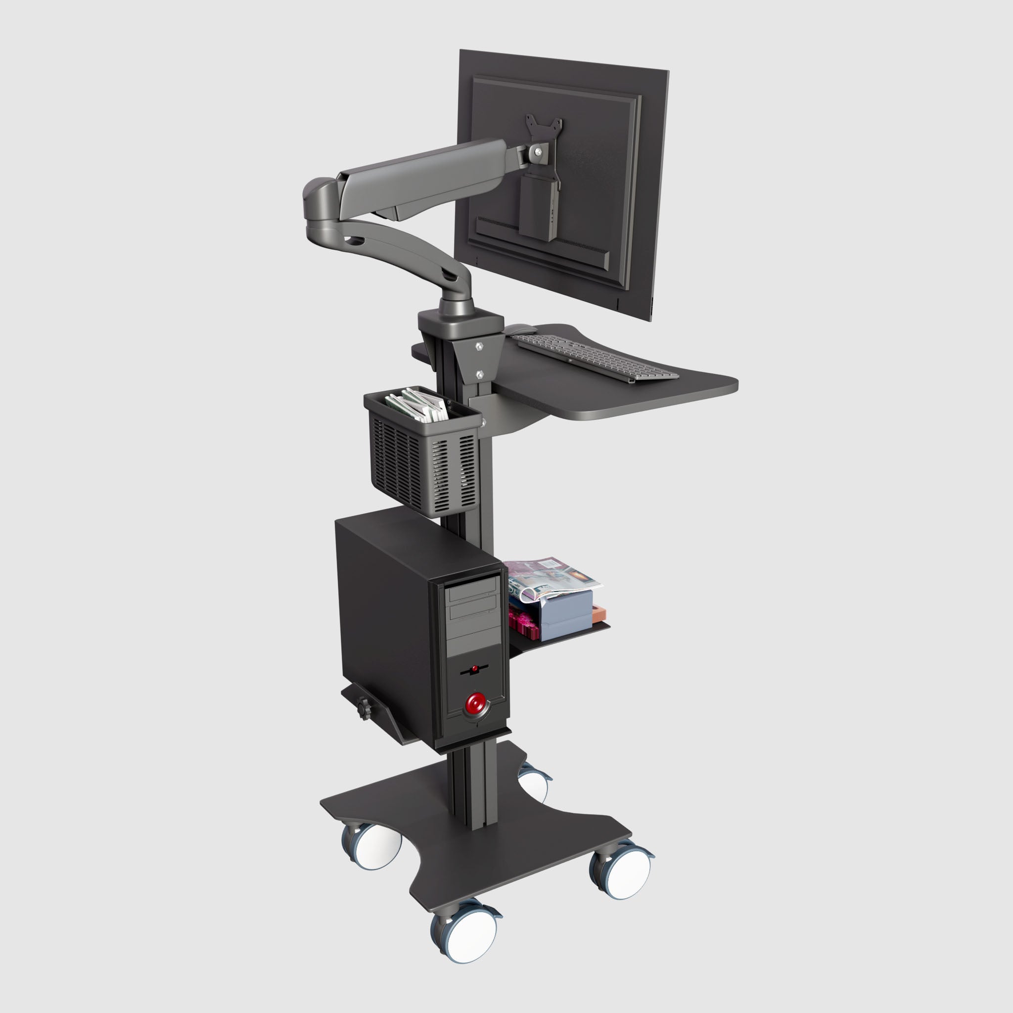 Sit Stand Mobile Workstation with Gas Spring Arm and Keyboard Tray, Optional CPU Holder, Printer Shelf & Basket, Black (MCTGB)