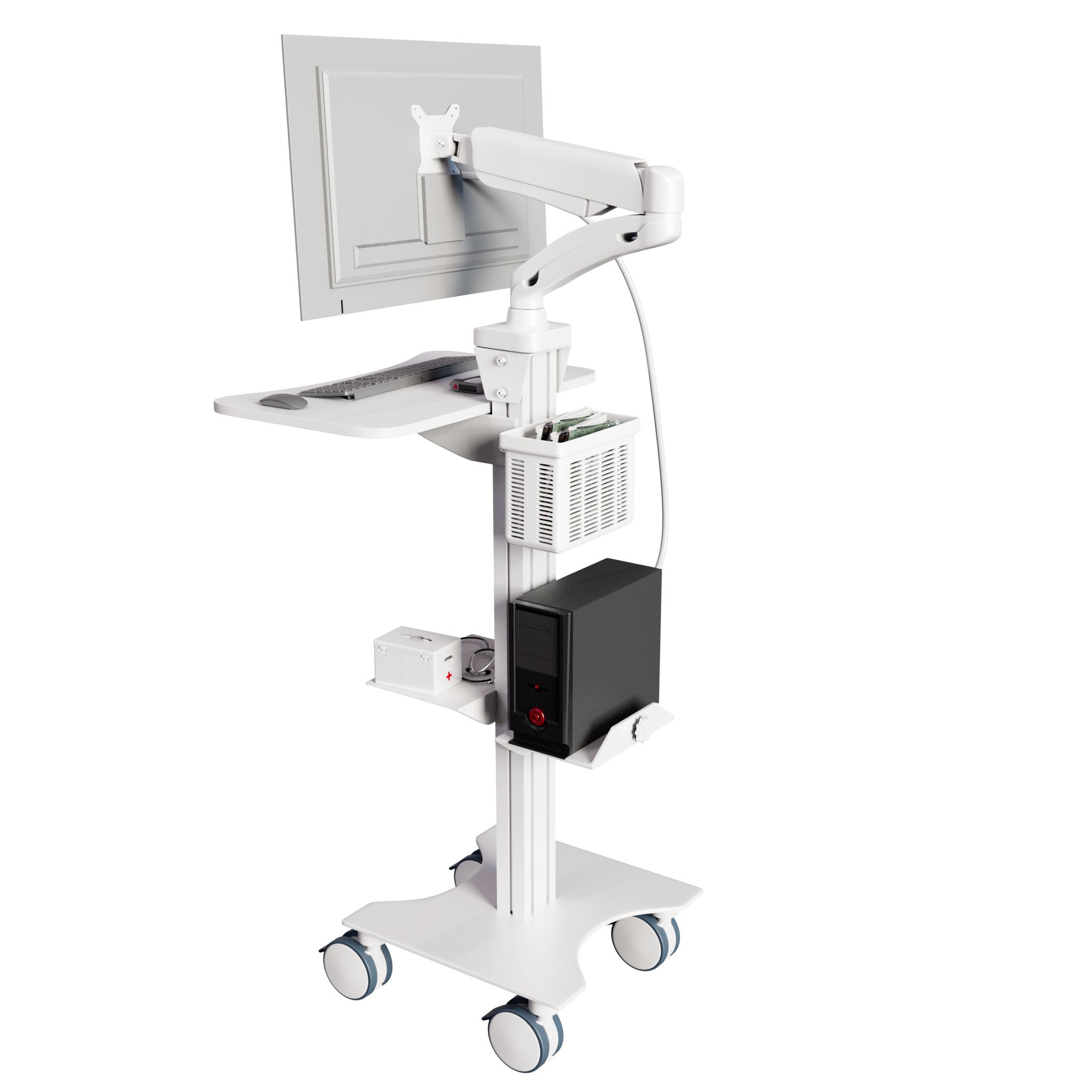 Sit Stand Mobile Workstation with Gas Spring Arm and Keyboard Tray, Optional CPU Holder, Printer Shelf & Basket, White (MCTGW)