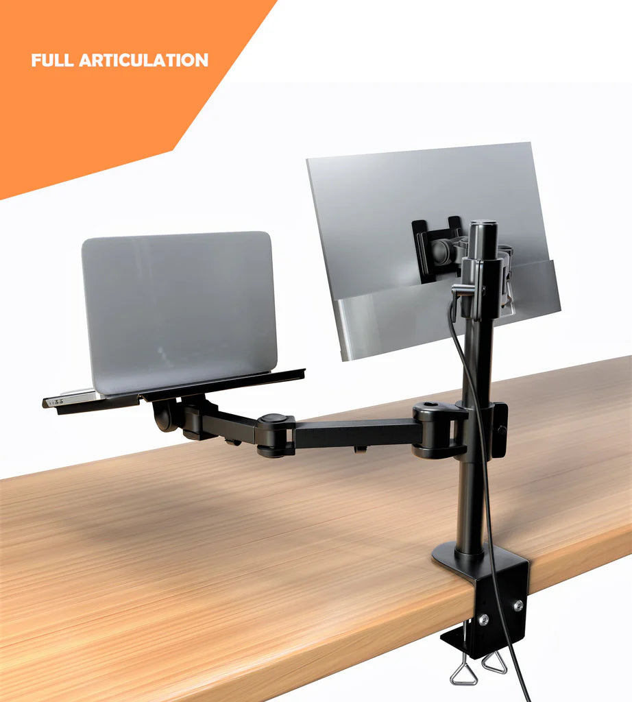 Desktop Dual LCD Fully Adjustable Single Computer Monitor and Laptop Desk Mount Combo Black Stand, Fits 13"-27" Screens and up to 17" Laptops (RCPRLM)