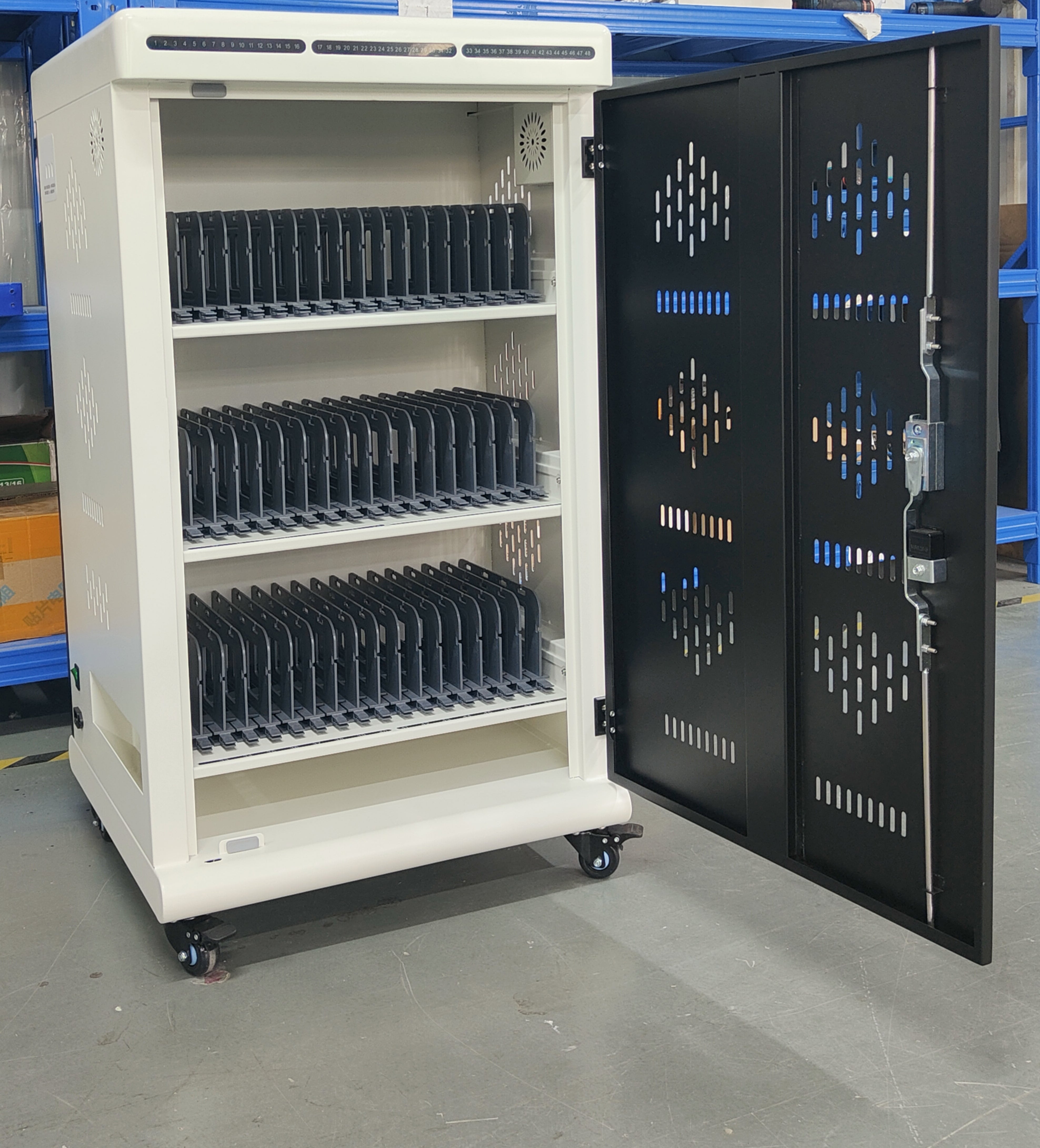 Tablet Charging Cabinet/Cart Suitable for Tablets up to 12 Inches, 48-BIT Workstations, White/Black (RN48)