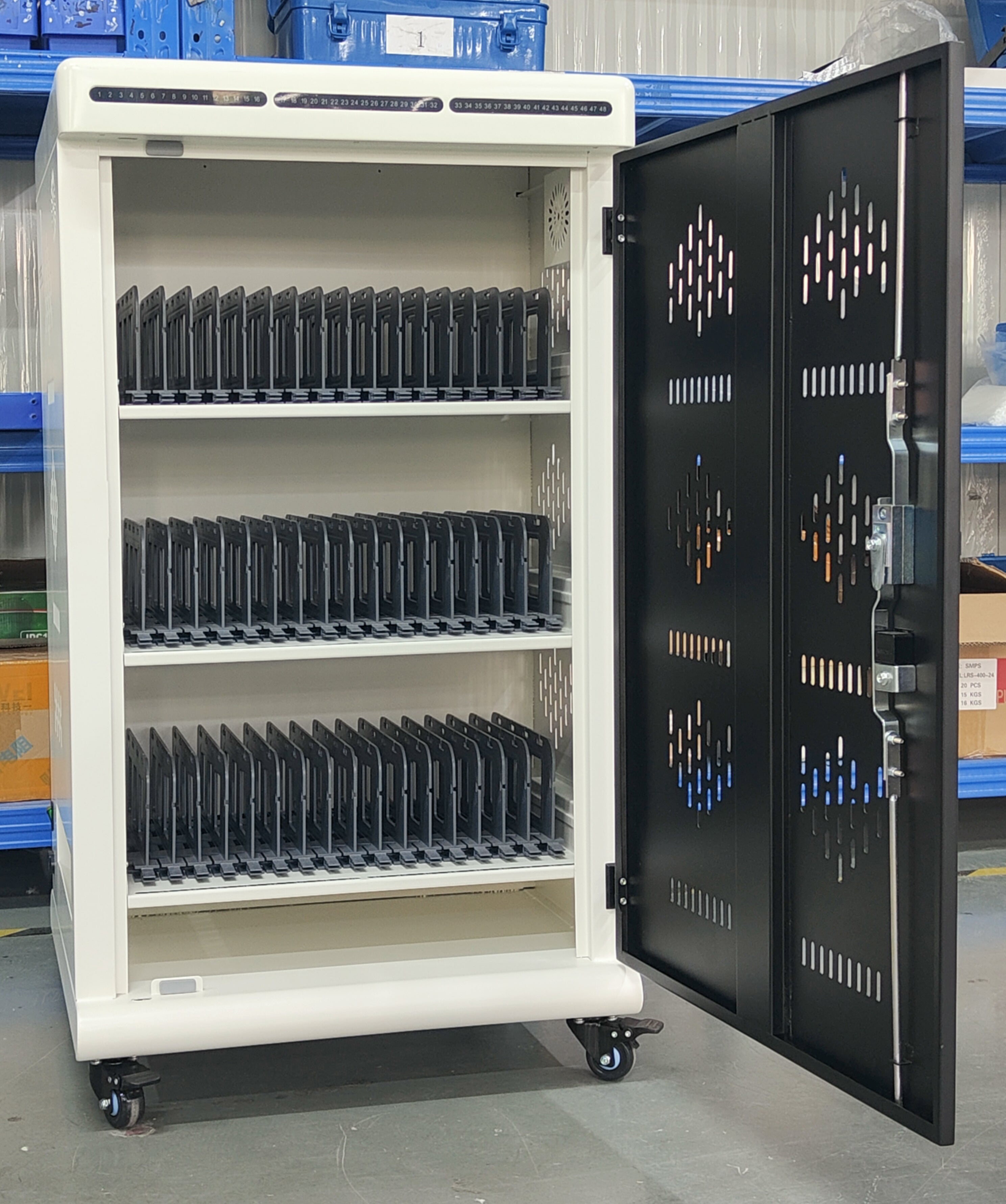 Tablet Charging Cabinet/Cart Suitable for Tablets up to 12 Inches, 48-BIT Workstations, White/Black (RN48)