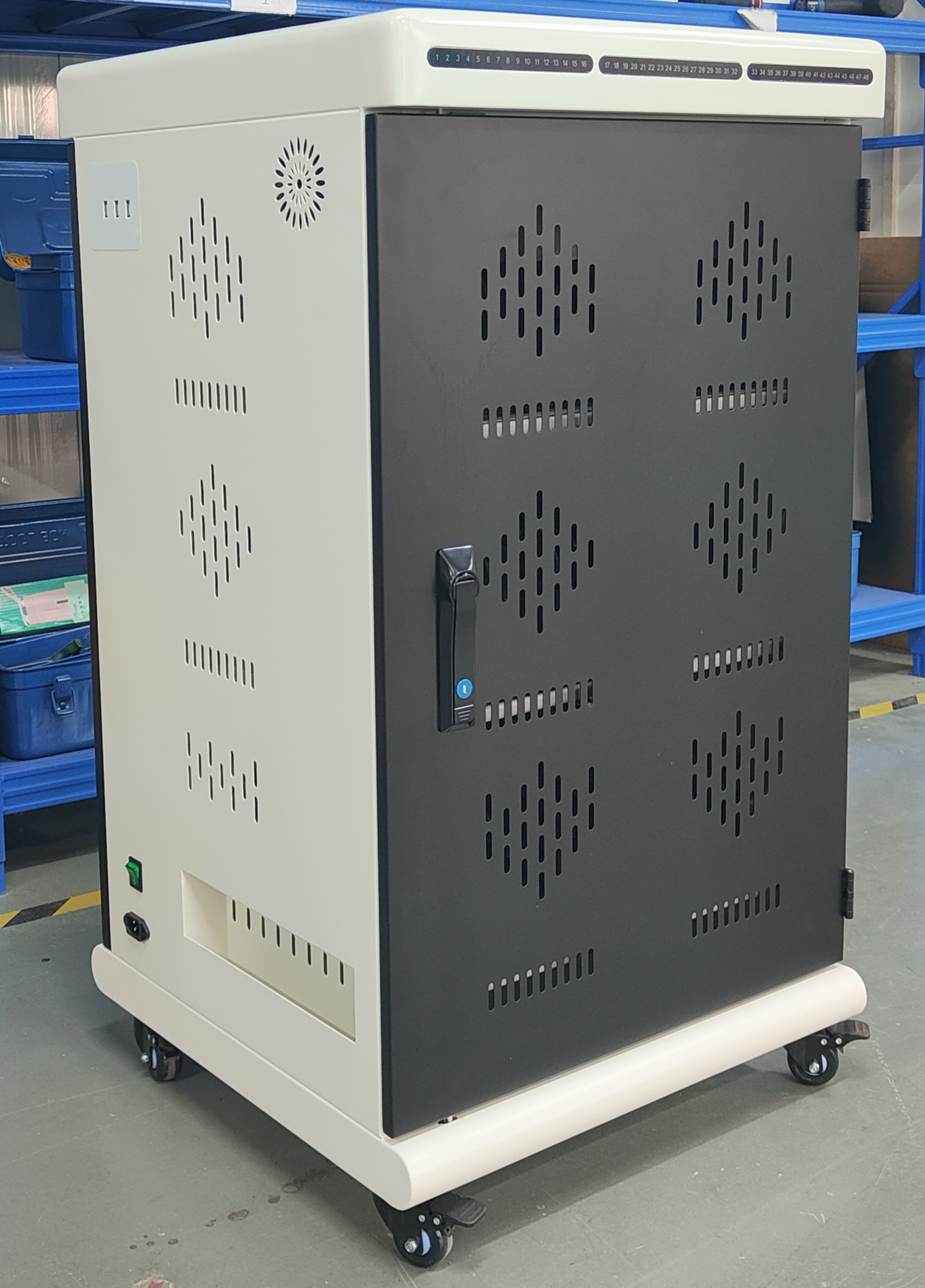 Tablet Charging Cabinet/Cart Suitable for Tablets up to 12 Inches, 48-BIT Workstations, White/Black (RN48)