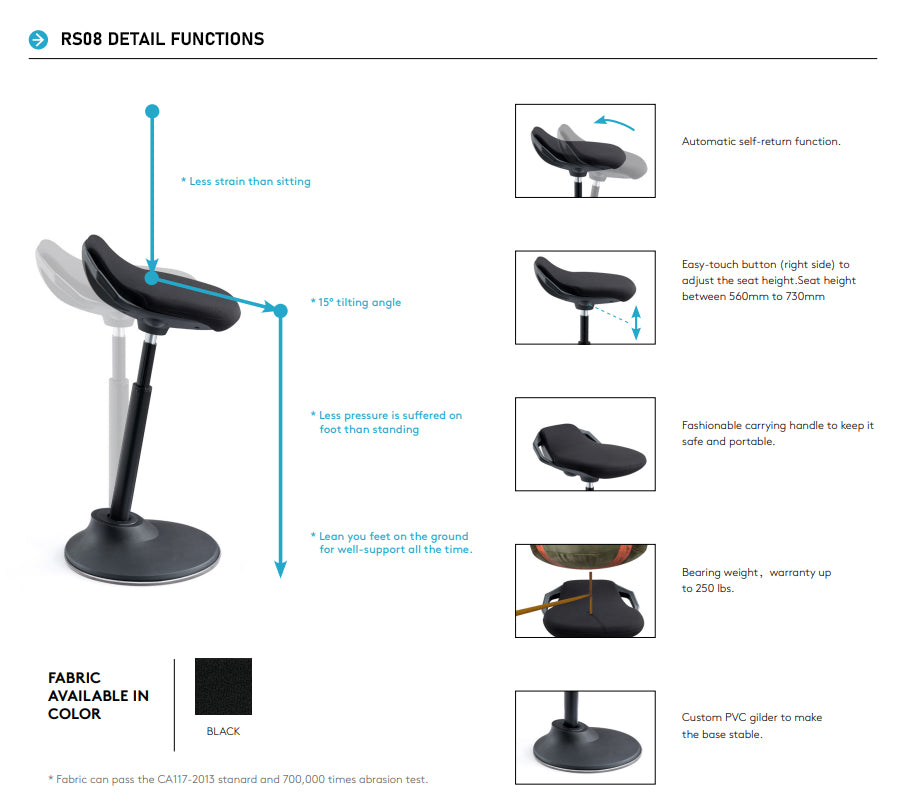 Ergonomic Height Adjustable Portable Active Stool with Self-Return Function, 15° Tilting & Stable Nylon Base, Black (RS08)