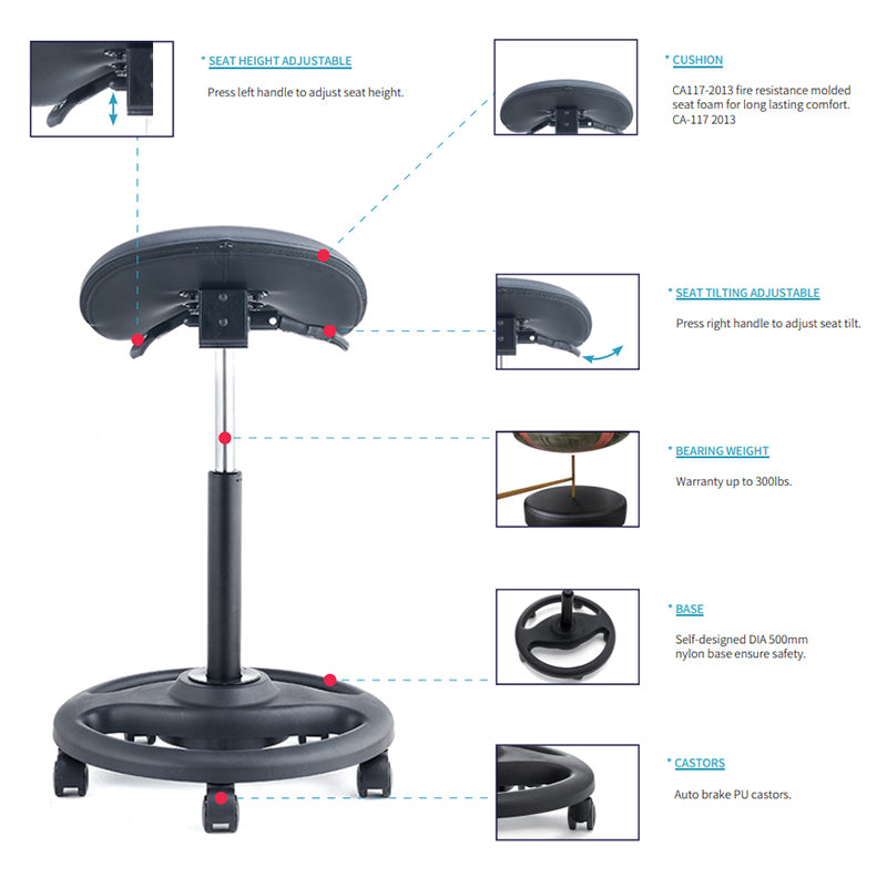 Ergonomic Height Adjustable Gas Lift Saddle Stool with Cushion Seat, Tilting Adjustable & Five Star Base, Black (RS28)