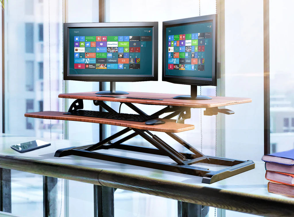 Wooden Color Top Instant Standing Desk Sit-Stand Desk Converter for Laptop, 1 or 2 Desktop, Stepless Any height lock Height Adjustable, Ergonomic, Gas Spring, Easy Installation RTEW