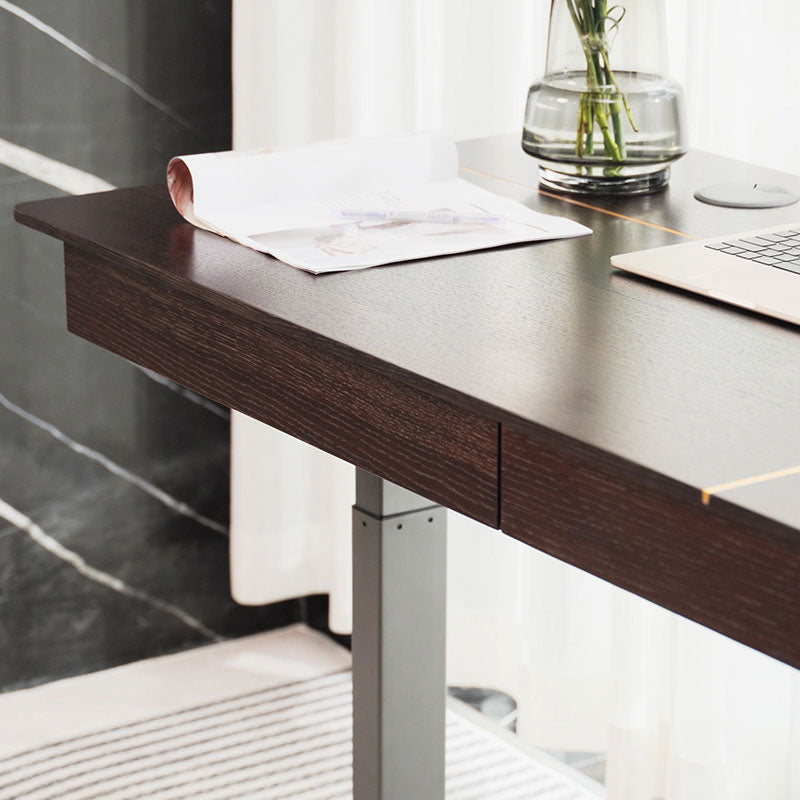 Dual Motor Electric Sit to Stand Workstation with Embedded Pull-Out Drawer, Height Adjustable with Supportive Legs, Smoky Wood Veneer Top (R20122-01 Basic)