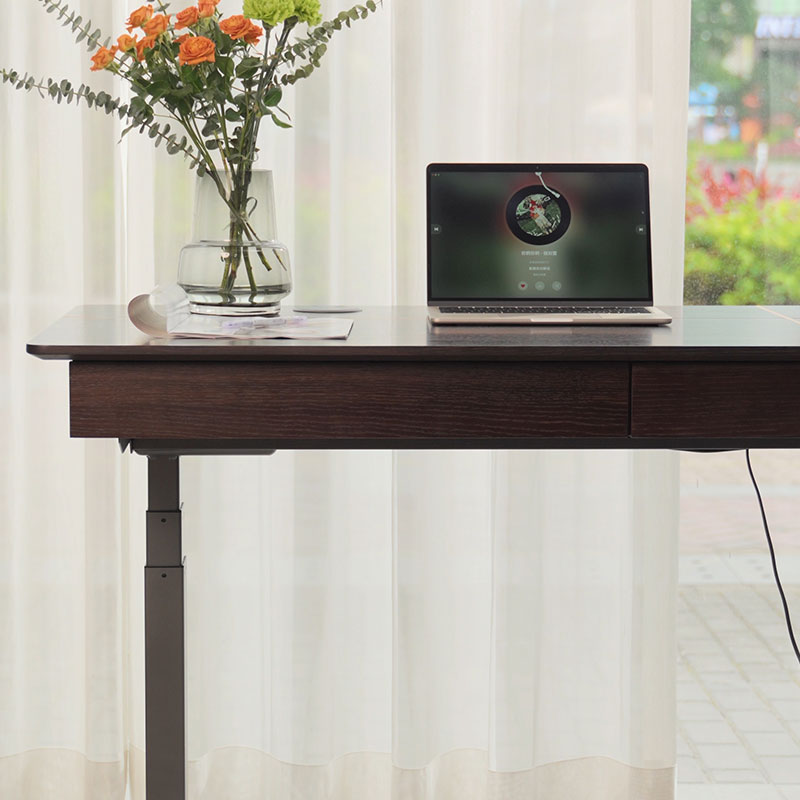 Dual Motor Electric Sit to Stand Workstation with Embedded Pull-Out Drawer, Height Adjustable with Supportive Legs, Smoky Wood Veneer Top (R20122-01 Basic)