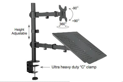 Desktop Dual LCD Laptop Mount Fully Adjustable Single Computer Monitor and Desk Combo Black Stand, 13" to 27" Screens, 5 Years Warranty RCLM