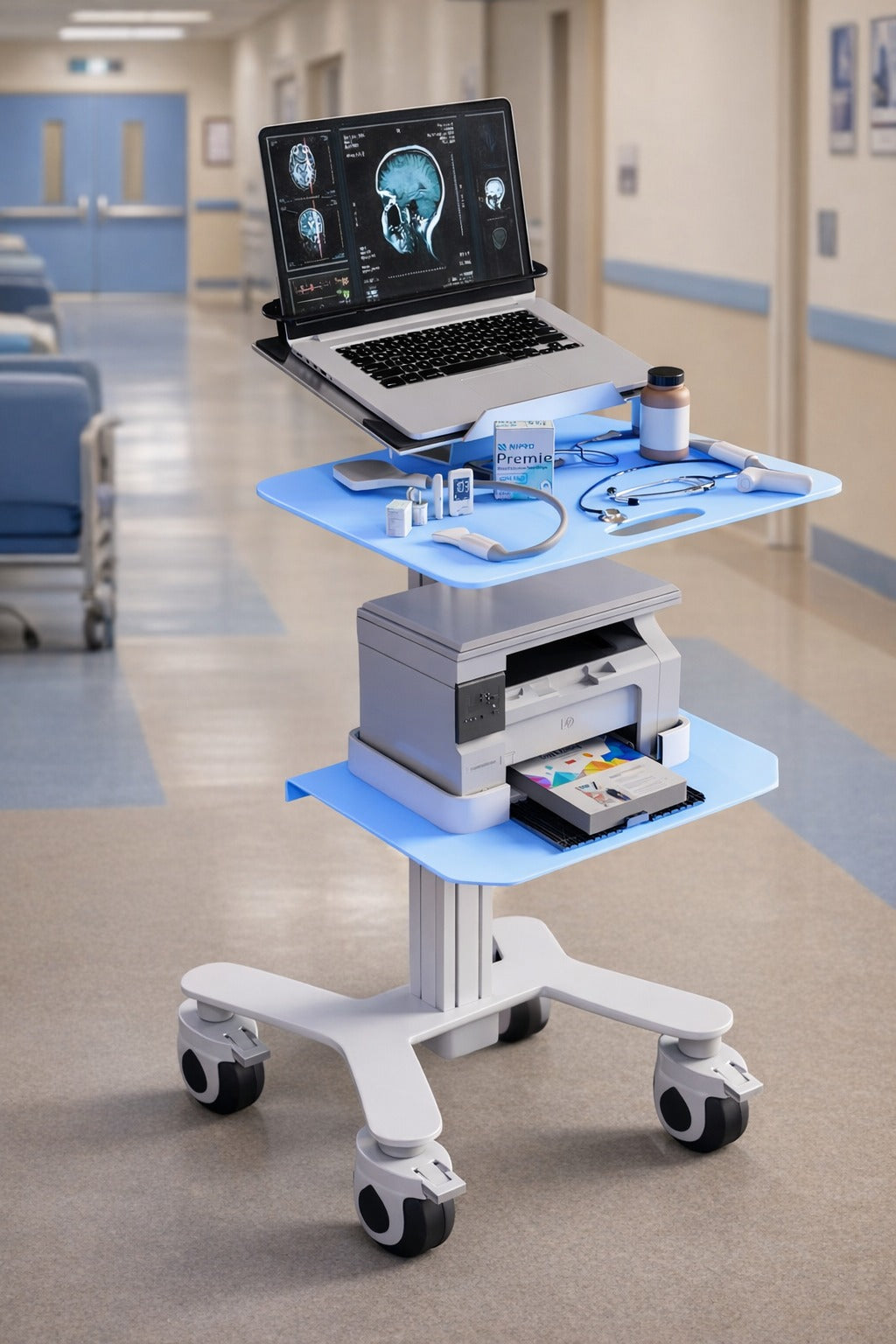 HSL-5 Multi-Purpose Medical Laptop Cart - Workstation with Printer Shelf