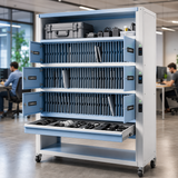RIFE multipurpose IT device and accessory storage cabinet with modular bays and drawer