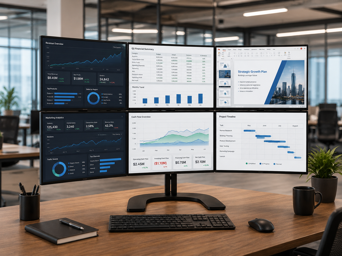 Heavy Duty Six Monitor Stand for Large Displays Up to 34 inches - 6MSFHW | Trading, Control Room and NOC Workstation