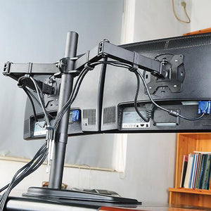 Renewed Dual Monitor Stand, Free Standing Height Adjustable Two Arm Monitor Mount for Two 13 to 28 inch LCD Screens with Swivel and Tilt (RN-EF002)