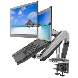 Desktop Dual LCD Fully Adjustable Gas Spring Computer Monitor and Laptop Desk Mount Combo Stand, Fits 13"-27" Screens and 12"-17" Laptops, weight up to 8kgs, 5 Years Warranty, Black (RCLMSB-V)