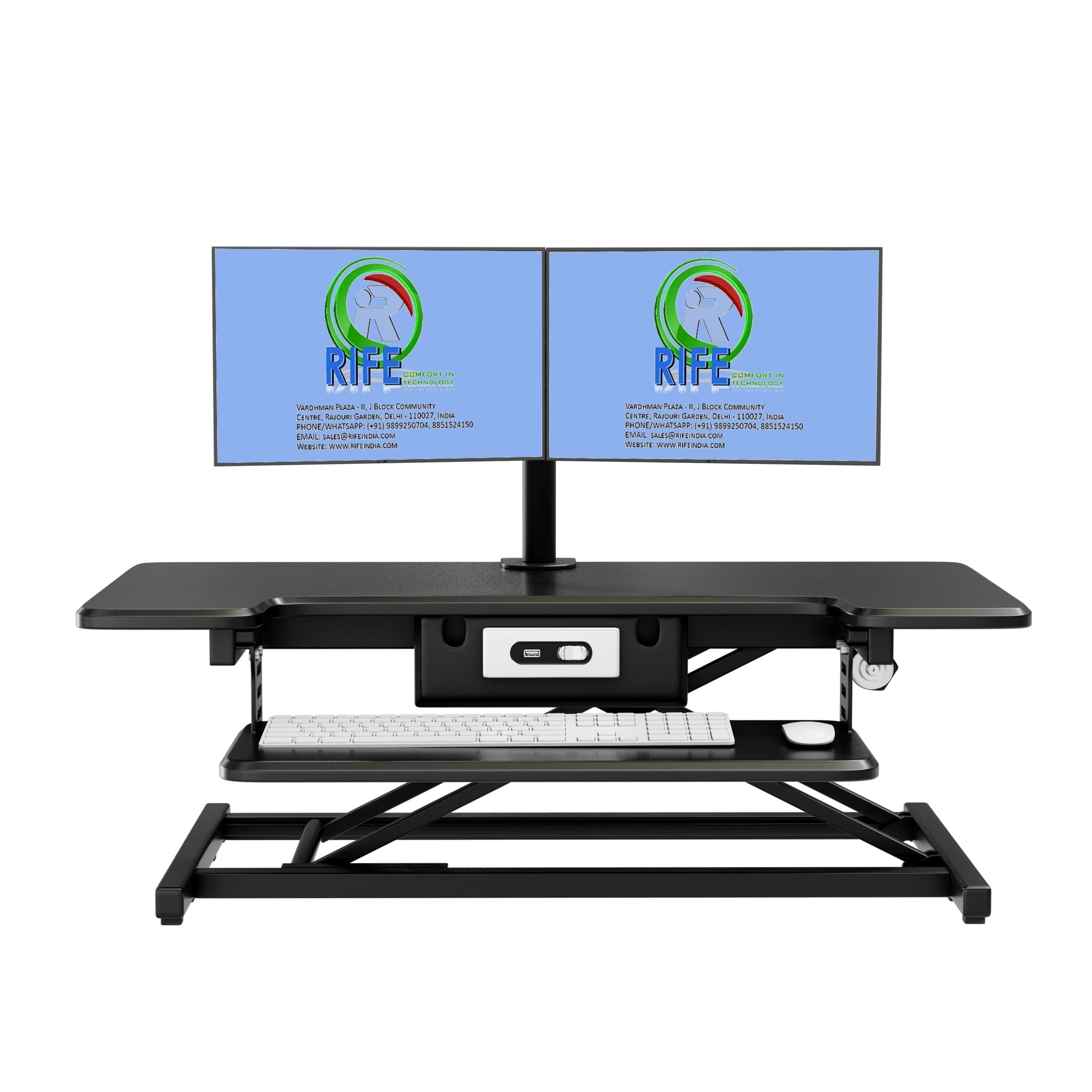 Upgrade Your Workstation with an RTE Electric Desk Converter and Dual Monitor Arm
