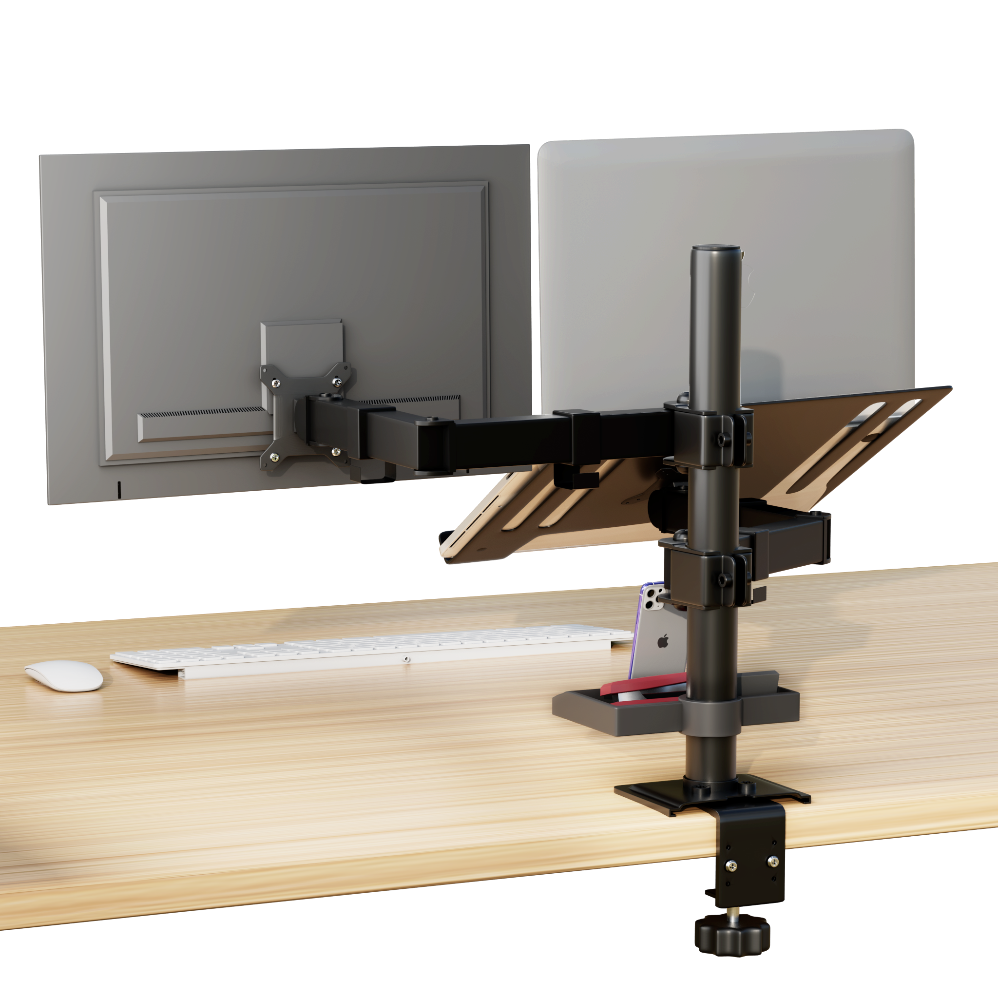 dual monitor stand with laptop tray