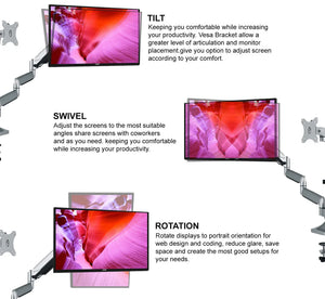 Triple Monitor Stand, Fits 13 to 32 Inchs Screens, Clamp Grommet, Height Adjustable Aluminum Gas Spring Three Monitor Arm Desk Stand, Full Motion, Silver, 5 Years Warranty (3MSGS)