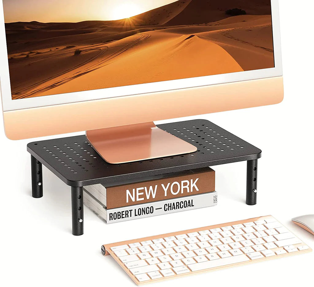 Monitor Stand Riser, 3 Height Adjustable Monitor Stand with Non-Skid Rubber for Laptop, Computer, PC, Printer, Desktop Metal Monitor Riser Stand with Mesh Platform for Airflow, 5 Years Warranty - Black (RM08)