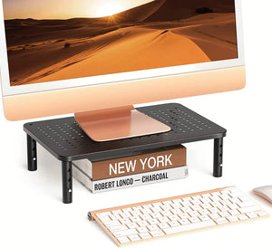 Monitor Stand Riser, 3 Height Adjustable Monitor Stand with Non-Skid Rubber for Laptop, Computer, PC, Printer, Desktop Metal Monitor Riser Stand with Mesh Platform for Airflow, 5 Years Warranty - Black (RM08)