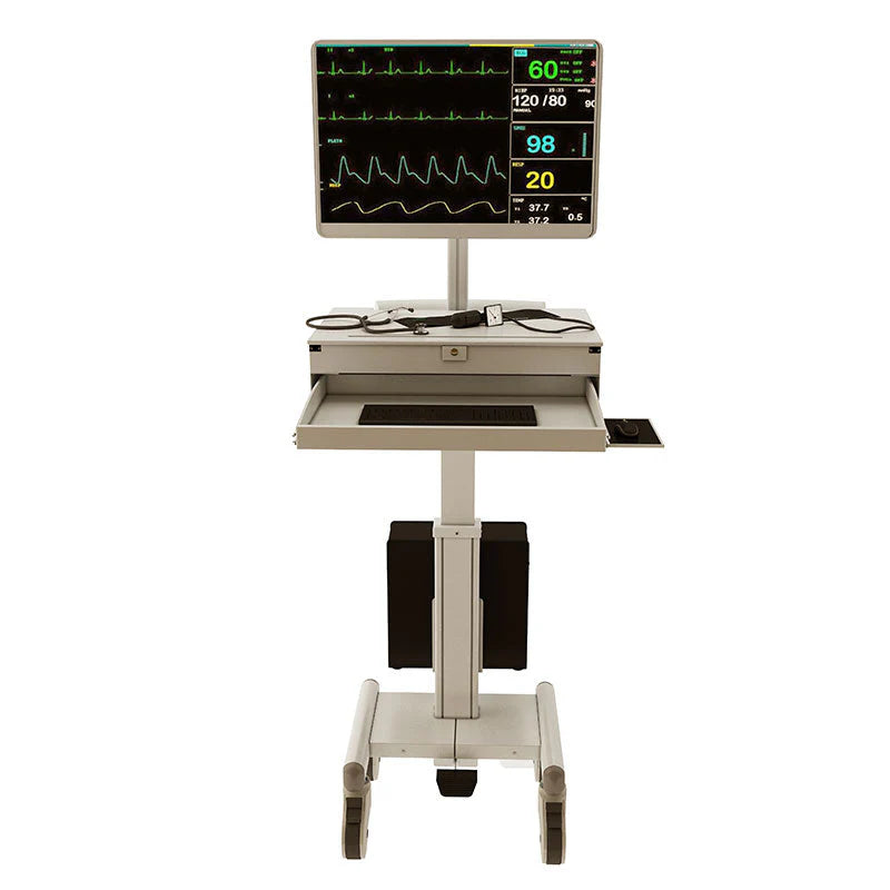 Computer Medical Cart, for 15”-27” Screens, Height Adjustable, Lockable Drawers, Gray (HSC-DM)