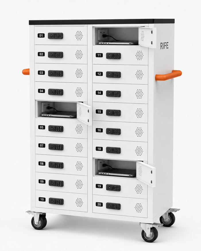 RIFE LS-Lab20 Laptop Charging Cabinet — 20 Individual Locking Compartments | Charge & Secure Up to 20 Laptops/Tablets (14") | White or Black | Key or Number Lock