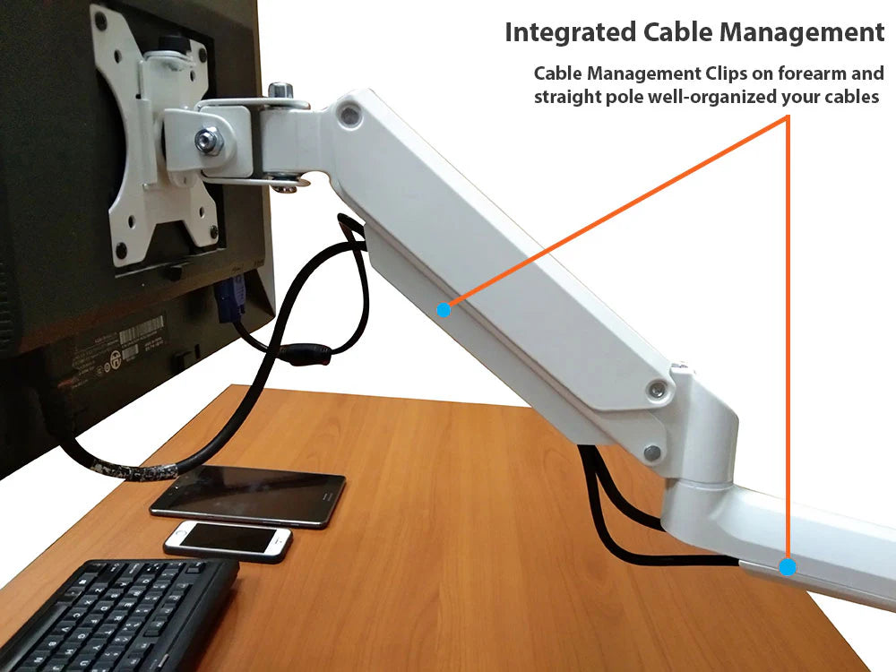 Single Monitor Desk Mount, Fits 19 to 32 Inch VESA Compatible Computer Screen Adjustable Gas Spring Monitor Arm with C Clamp Base, White, Model No (LMSPMSW)