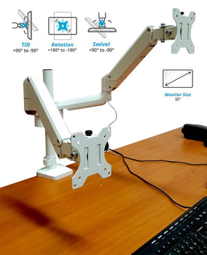 Full Motion Aluminum Dual Monitor Stand, Articulating Gas Spring Vesa Mount Stand with Heavy Duty C-Clamp Base, Hold Up to 27" Screens, Up to 17.6 lbs Per Arm, White, Model No (2MSG-W)